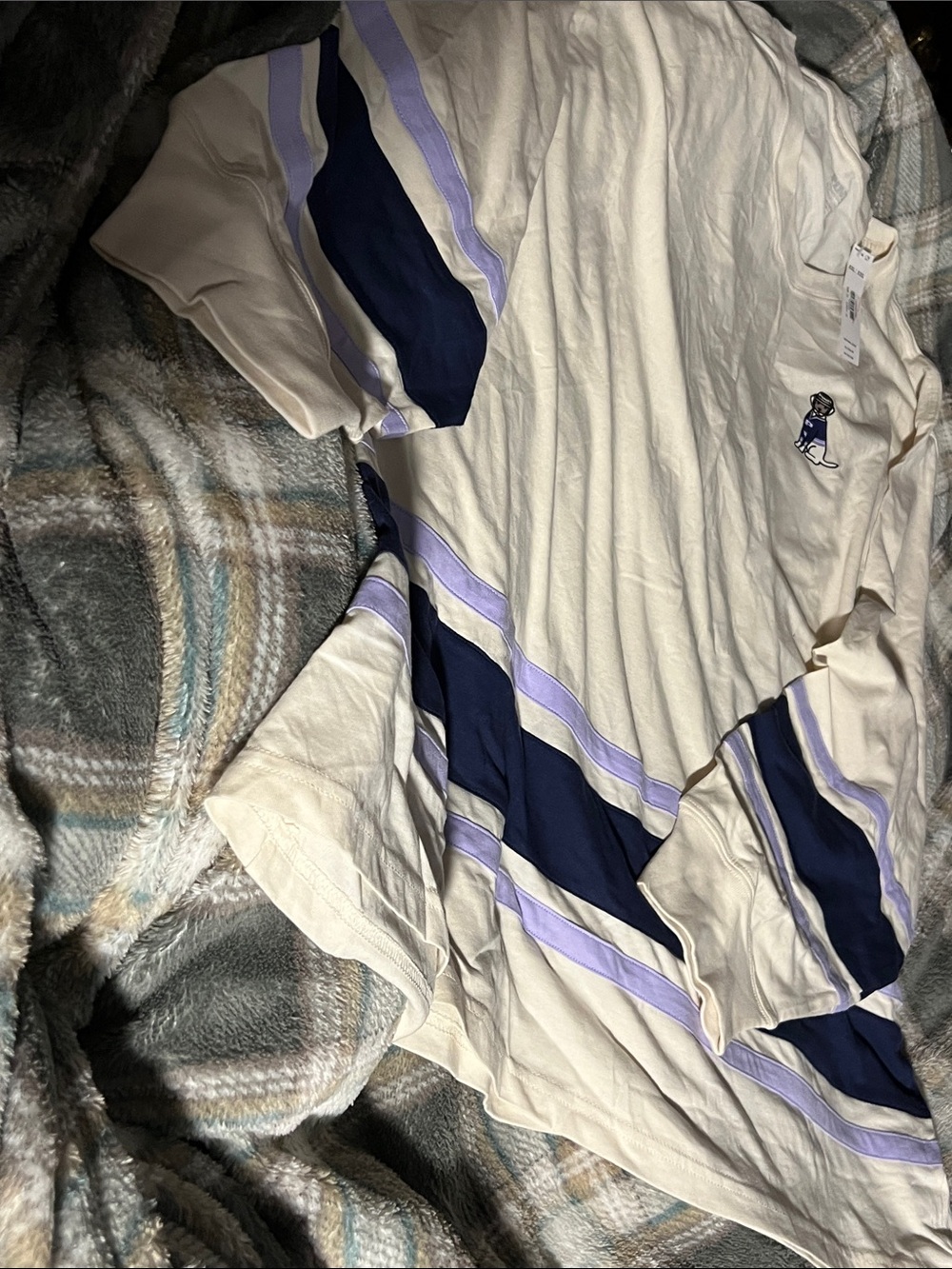 PINK Victoria's Secret Cream Hockey Varsity Long Sleeve- Navy & Lavender Stripes